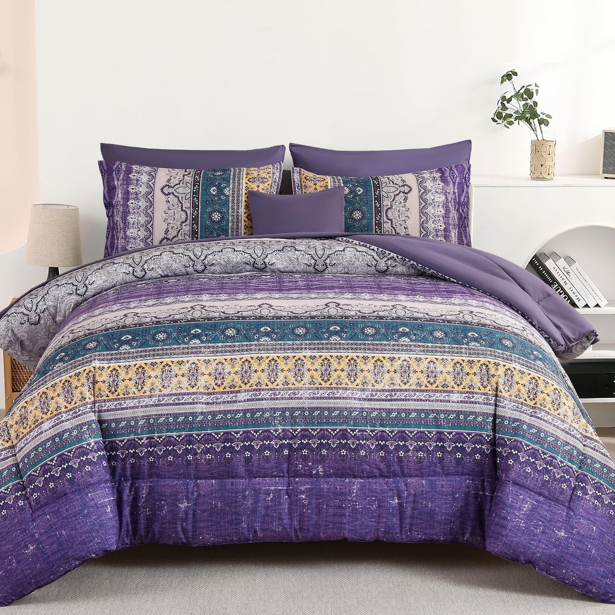 Cottolester Boho Comforter Set Queen Size 8 Piece Bed in a Bag Bohemian Striped Bedding Quilt Set Aqua Paisley Floral Comforter and Sheet Set,Soft Microfiber Complete Bedding Sets for All Season
