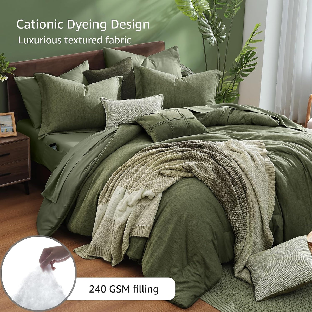 Monbix King Size Comforter Set Olive Green 7 Pieces Bed in a Bag