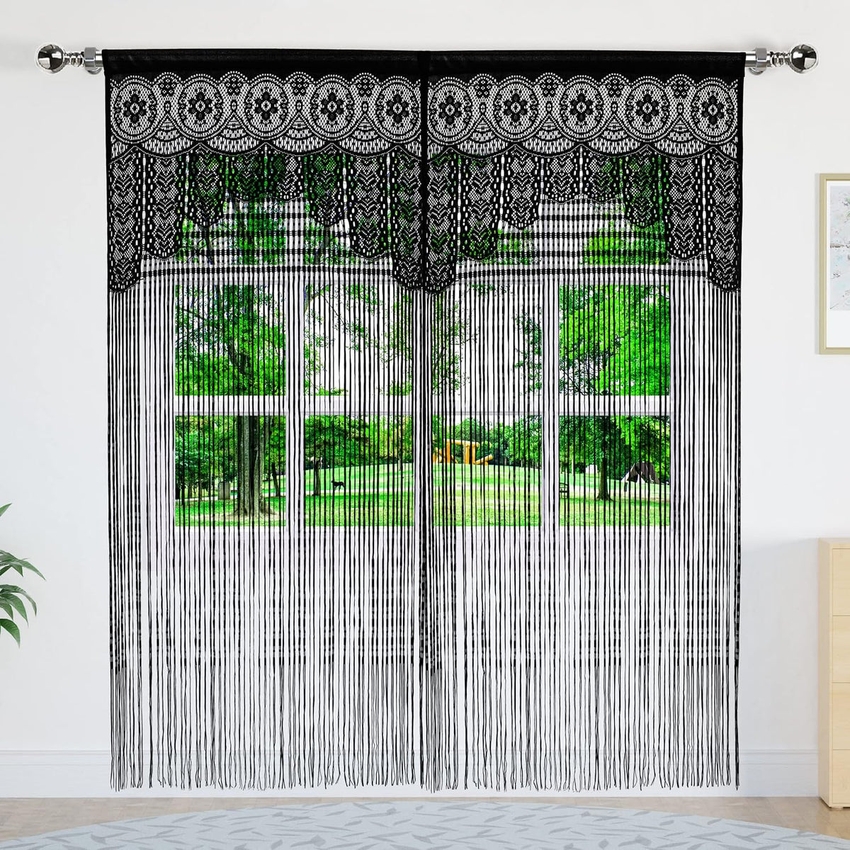 Macrame Lace Door String Curtain for Doorway, Black, 35"W x 79"L, 1 Panel