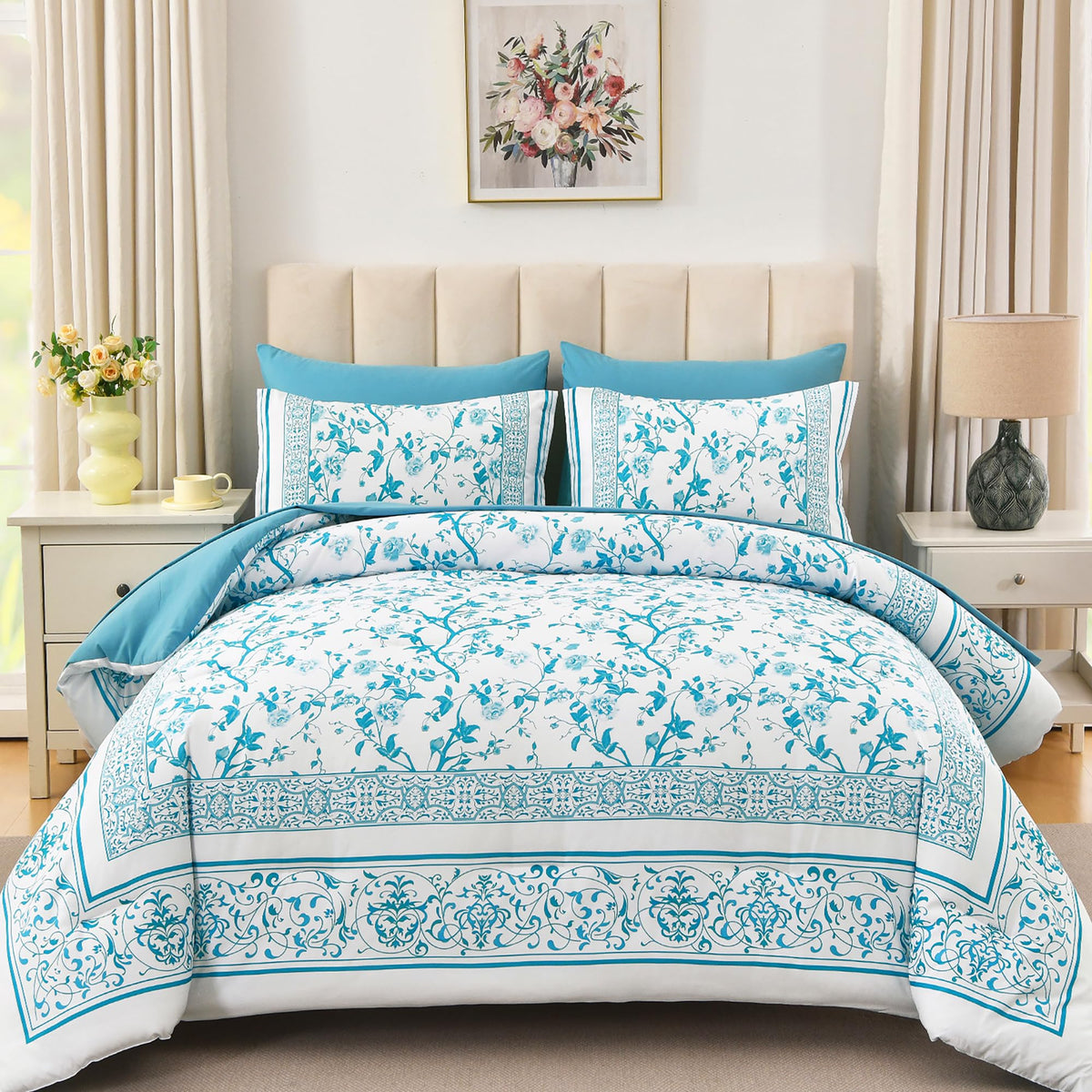 Dobuyly Floral Queen Comforter Set, 7 Piece Bed in a Bag Queen Size Blue Flowers on White Botanical Bedding Set, Soft Microfiber Bedding Comforter Sets with Sheets for All Season