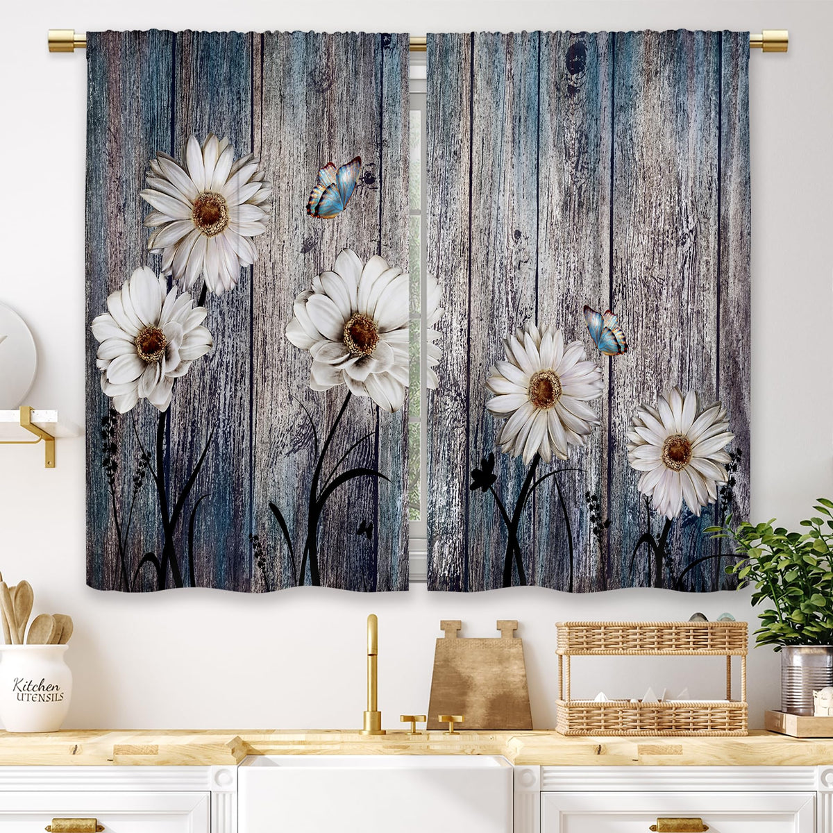 Teal Farmhouse Daisy Kitchen Curtains Wooden Flower Small Short Cafe Window Curtains Rustic Floral Butterfly Country Bathroom Drapes Treatment Tier Curtains 2 Panels (27.5x39 Inch)
