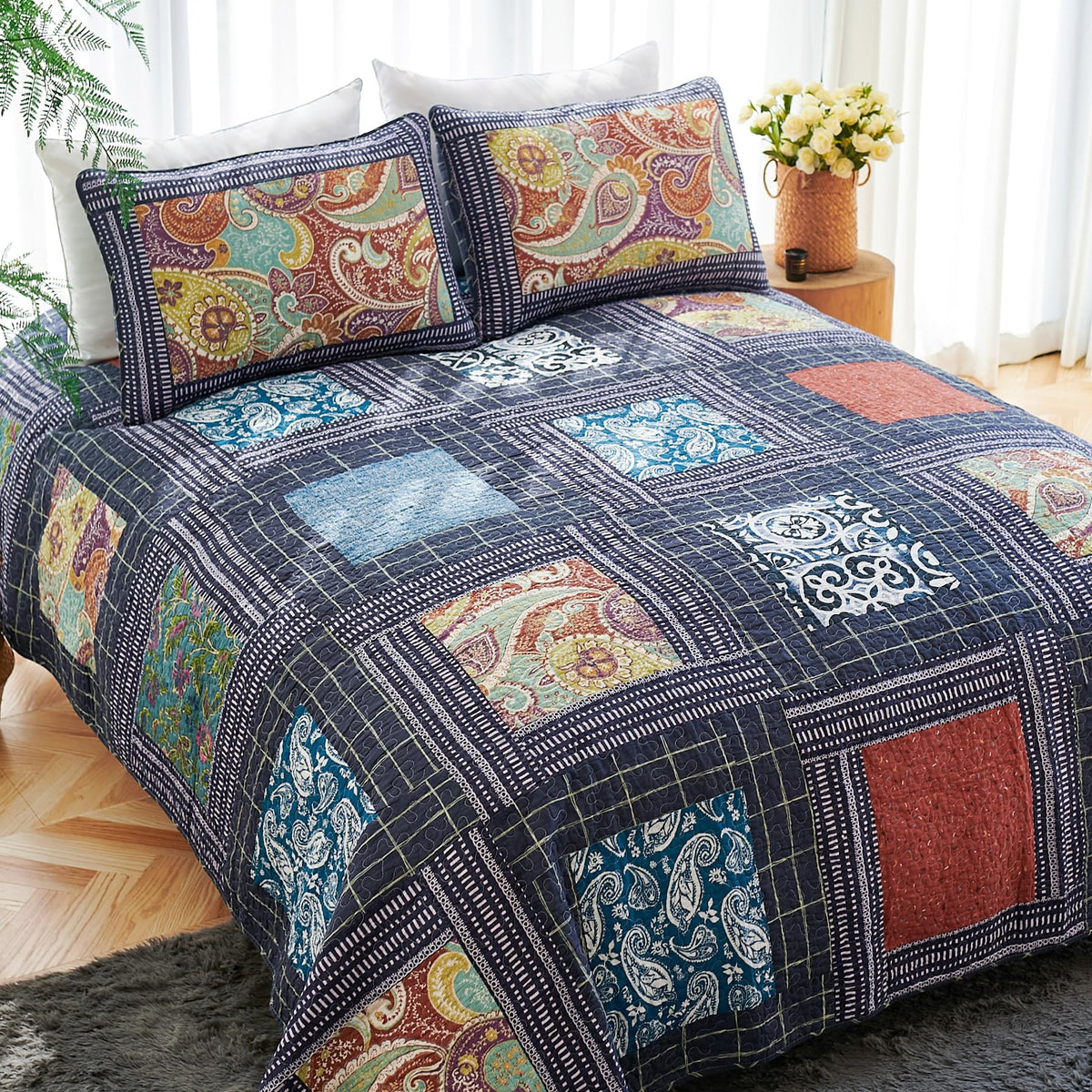 Secgo Queen Comforter Set for Bed - 100% Cotton Quilts Queen Size, Green, Sage Bedspreads (90 * 98 Inch) with 2 Pillow Shams, Patchwork Reversible Lightweight Bedding
