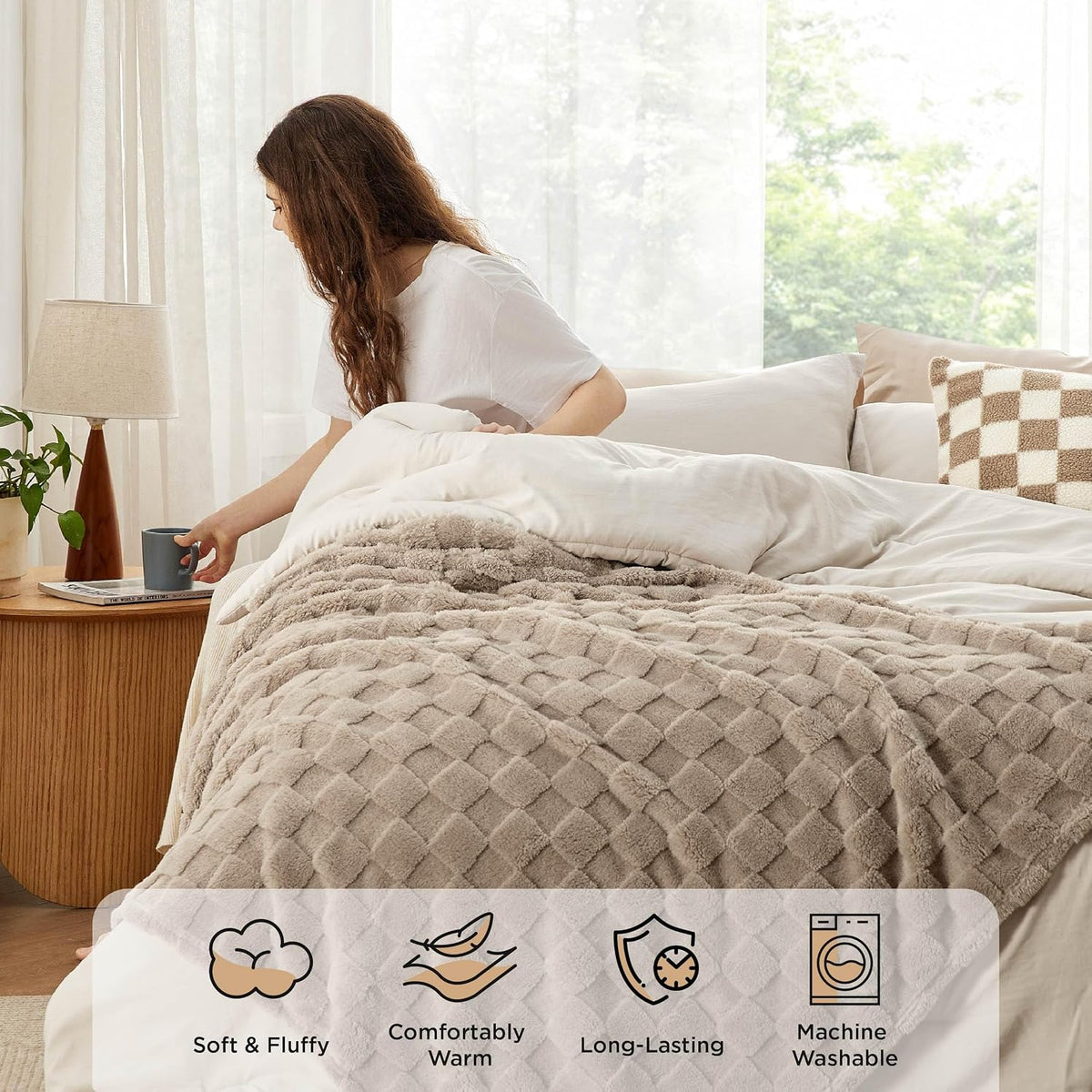 Bedsure Queen Bedding Set -5 Pieces Boho Comforter Sets Queen Size with Checkered Throw Blanket, Decorative Pillow, Lightwight Bedding for All Season, Fluffy Soft Bedding Set, Linen Beige Brown