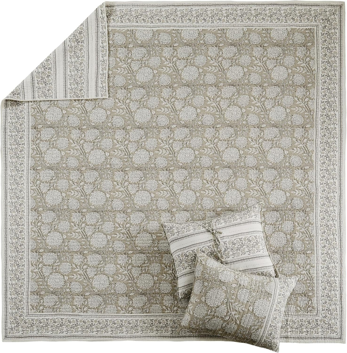 Levtex Home Adare Taupe Reversible King/Cal King Quilt Set (106x92in) and 2 Pillow Shams (36x20in) - Floral Bedding - Taupe White - Cotton King Size Quilt Bedding Set - Lightweight, Soft, Pre-Washed