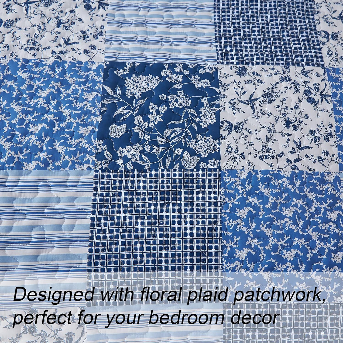 Mybedsoul Boho Quilts Queen Size, Patchwork Floral Bedding Set, Blue