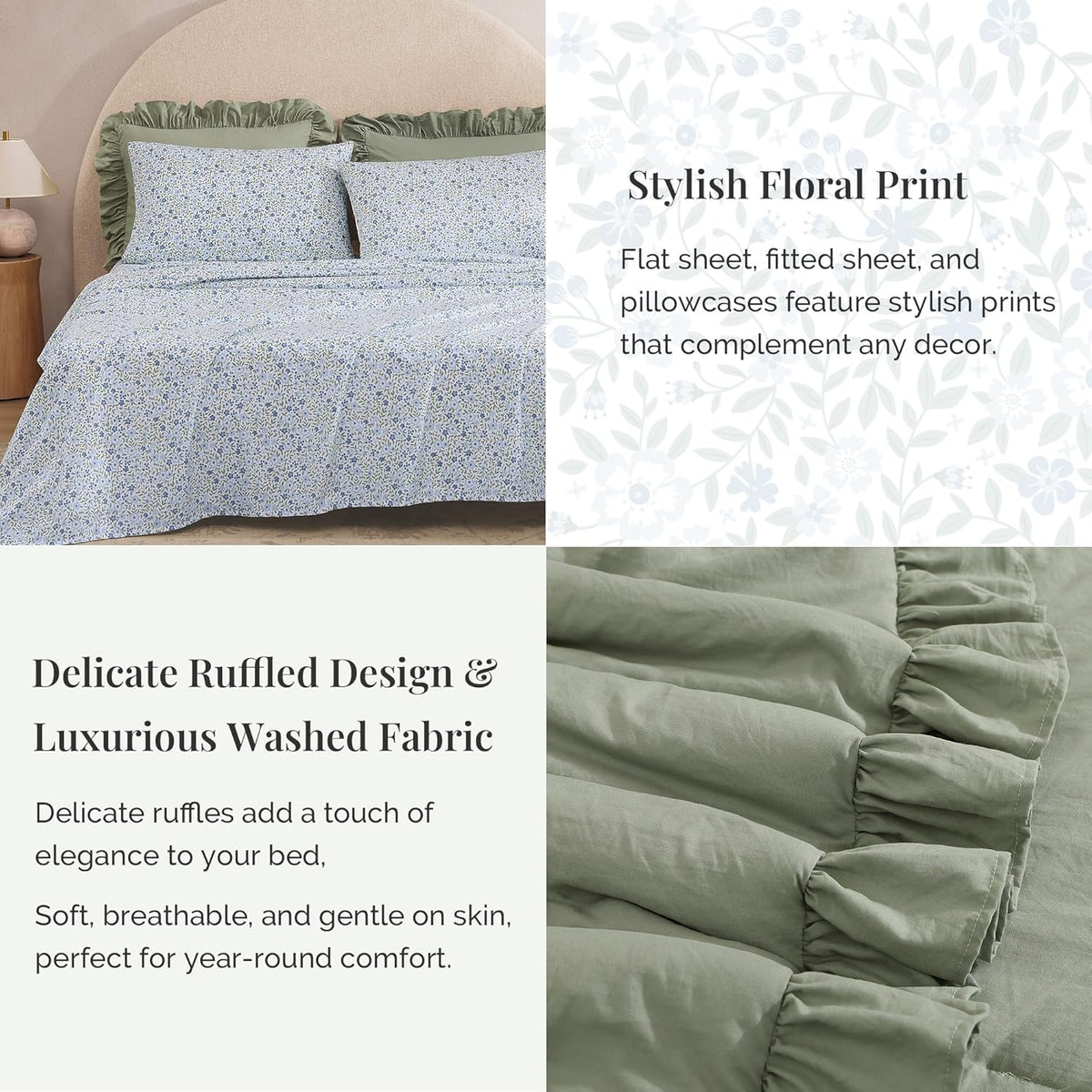BLOOMHAVEN Queen Comforter Set-7 Pieces Ruffle Bedding with Floral Sheet