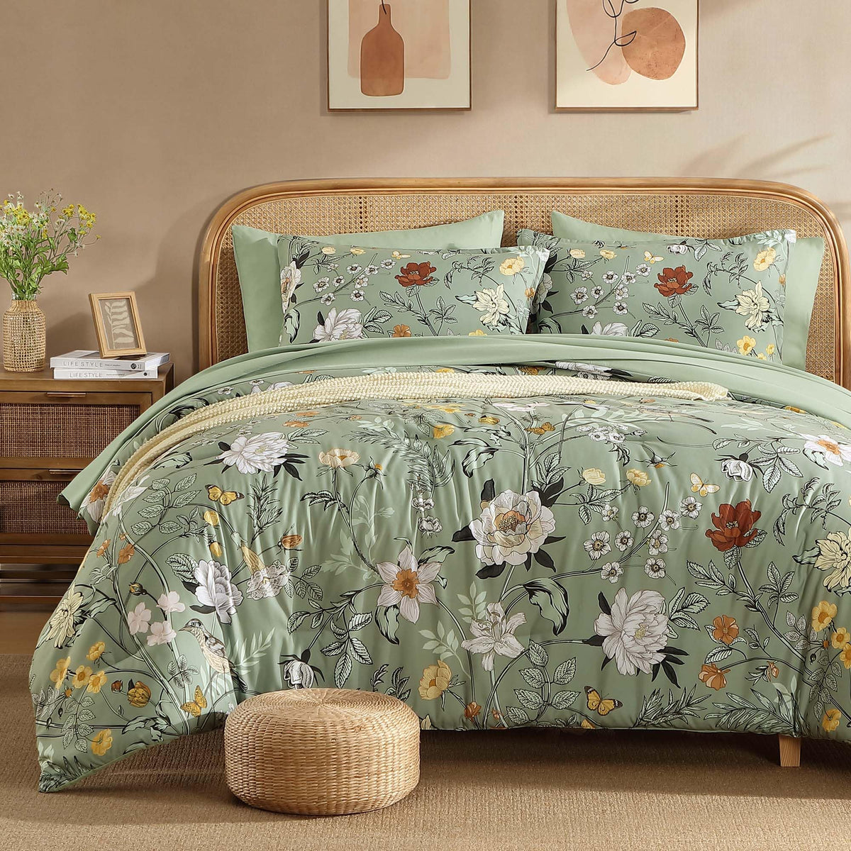 Litanika Floral Black King Comforter Set-7 Piece Botanical Birds Bedding