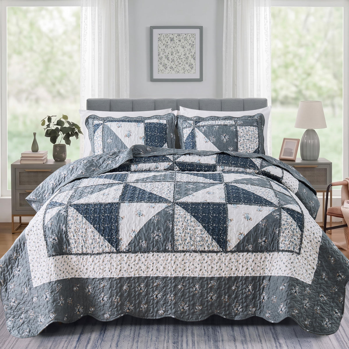 VIVILINEN Blue Floral Patchwork Quilt Set King Size Reversible Quilted Bedding Set with 2 Pillowcases