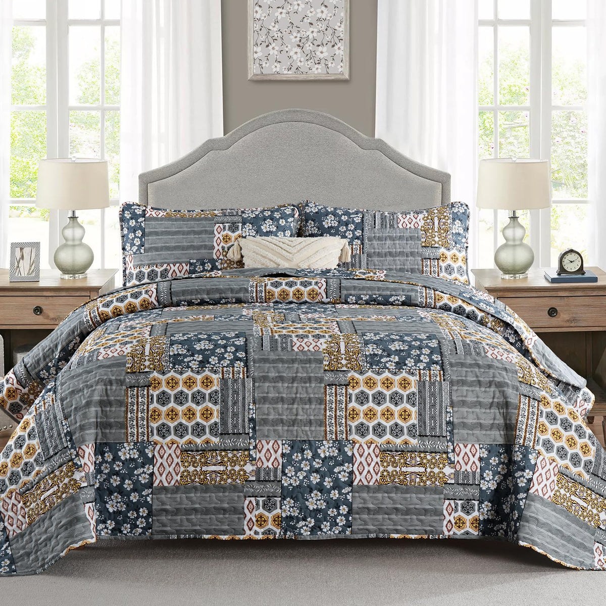 Mybedsoul Boho Quilts Queen Size, Patchwork Floral Bedding Set, Blue