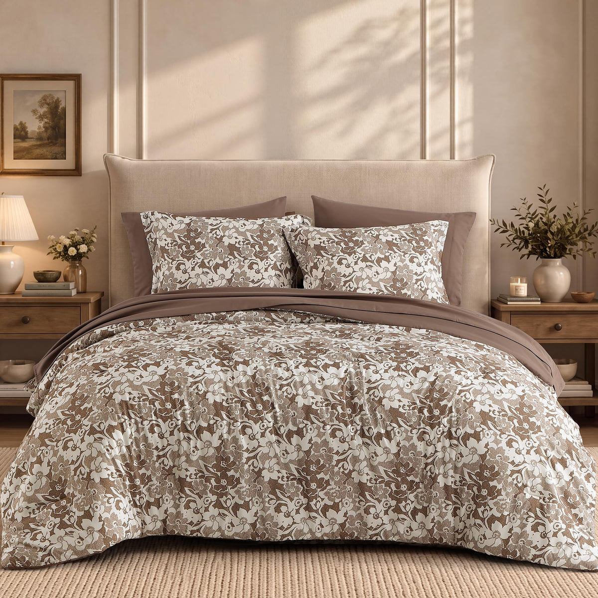 BLOOMHAVEN Queen Comforter Set-7 Pieces Blue Floral Bed in a Bag Queen