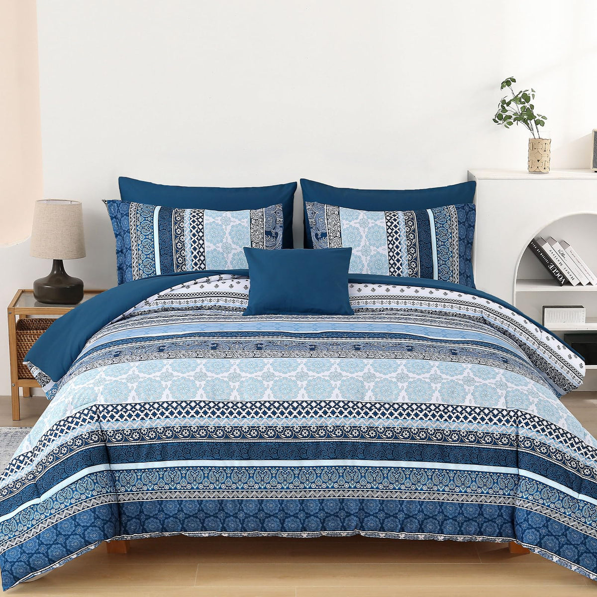 Cottolester Boho Comforter Set Queen Size 8 Piece Bed in a Bag Bohemian Striped Bedding Quilt Set Aqua Paisley Floral Comforter and Sheet Set,Soft Microfiber Complete Bedding Sets for All Season