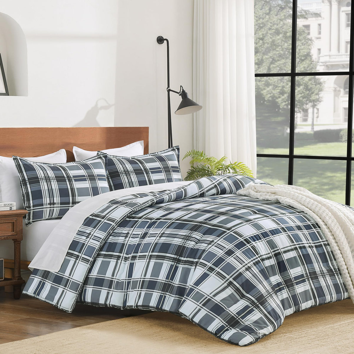 Andency Tan Gingham Comforter Set Twin, Brown Checkered Grid Plaid Bedding
