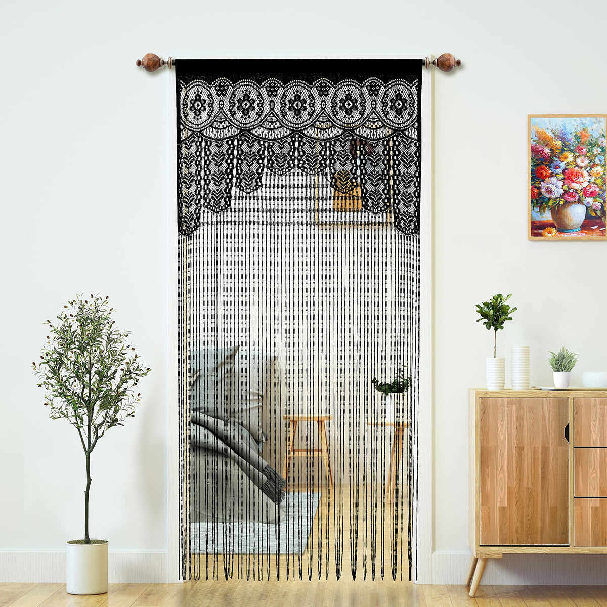 Macrame Lace Door String Curtain for Doorway, Black, 35"W x 79"L, 1 Panel
