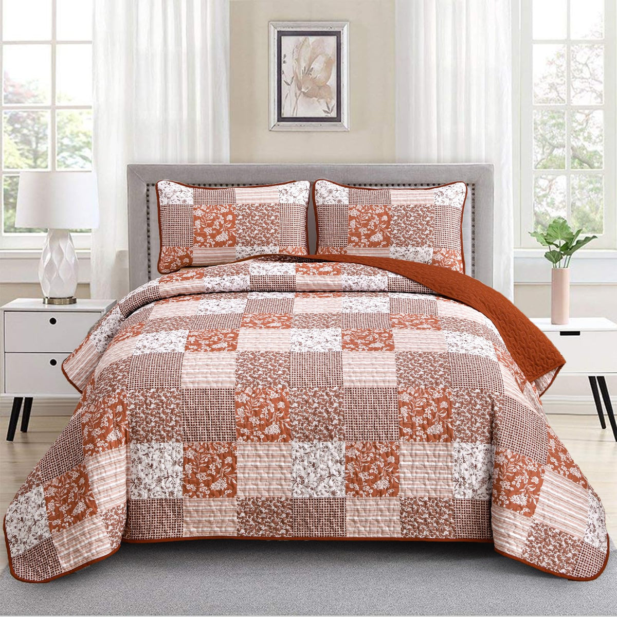 Mybedsoul Boho Quilts Queen Size, Patchwork Floral Bedding Set, Blue