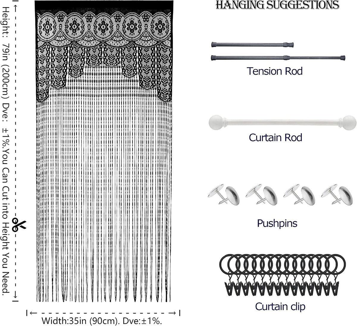 Macrame Lace Door String Curtain for Doorway, Black, 35"W x 79"L, 1 Panel