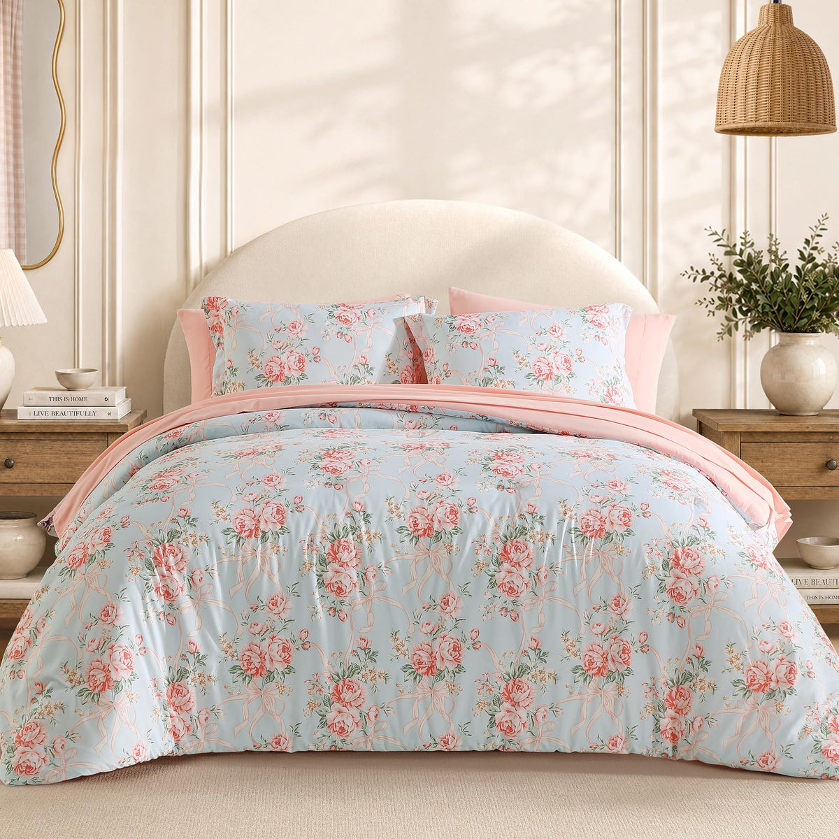 BLOOMHAVEN Queen Comforter Set-7 Pieces Blue Floral Bed in a Bag Queen