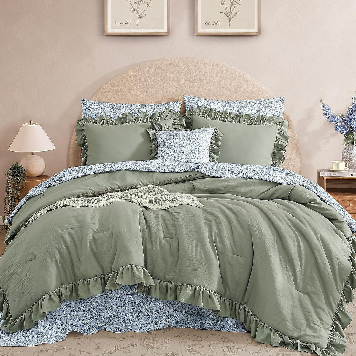 BLOOMHAVEN Queen Comforter Set-7 Pieces Ruffle Bedding with Floral Sheet