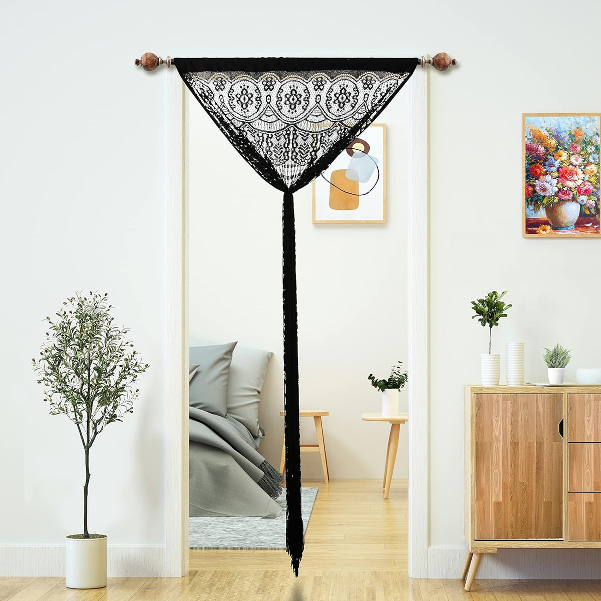 Macrame Lace Door String Curtain for Doorway, Black, 35"W x 79"L, 1 Panel