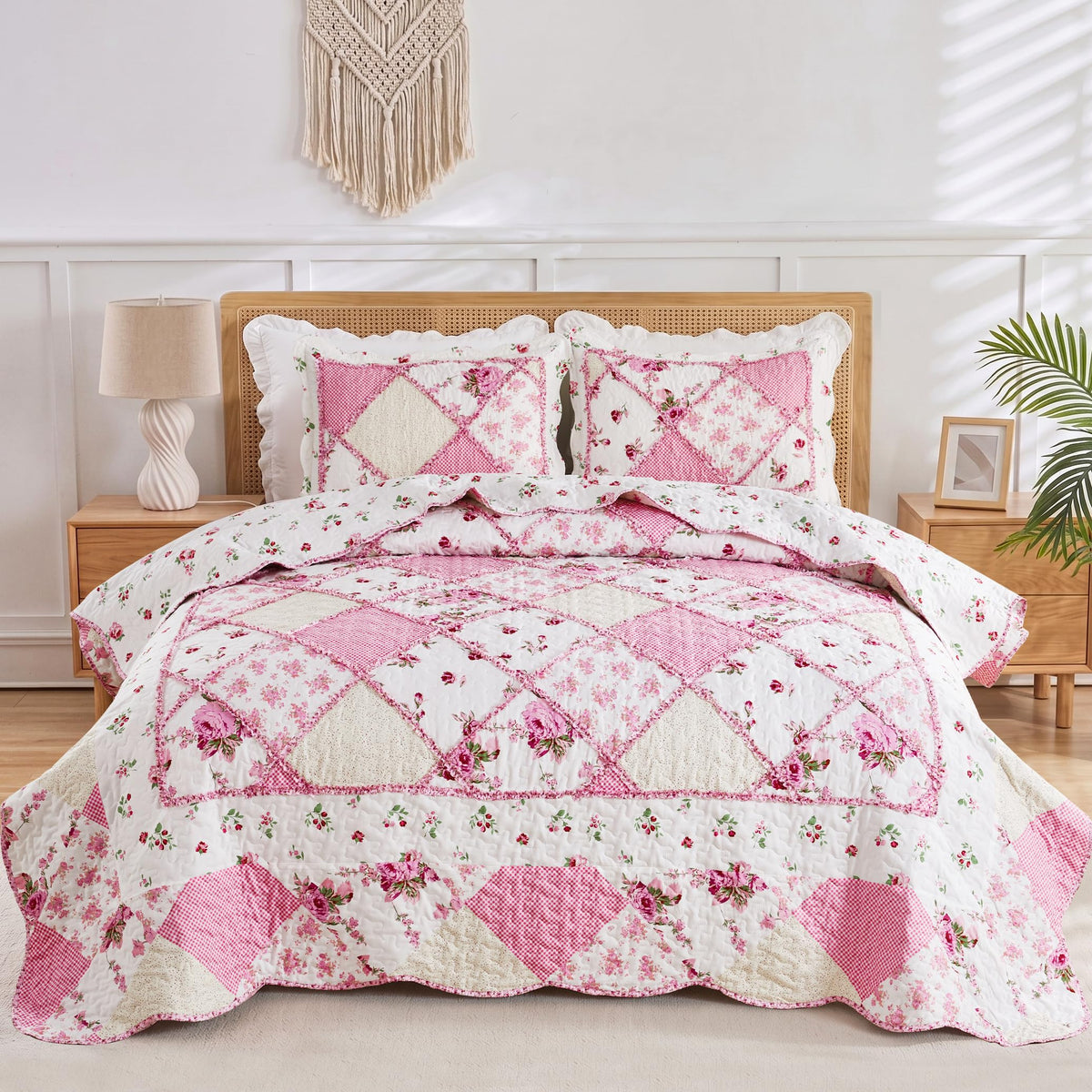 VIVILINEN Blue Floral Patchwork Quilt Set King Size Reversible Quilted Bedding Set with 2 Pillowcases