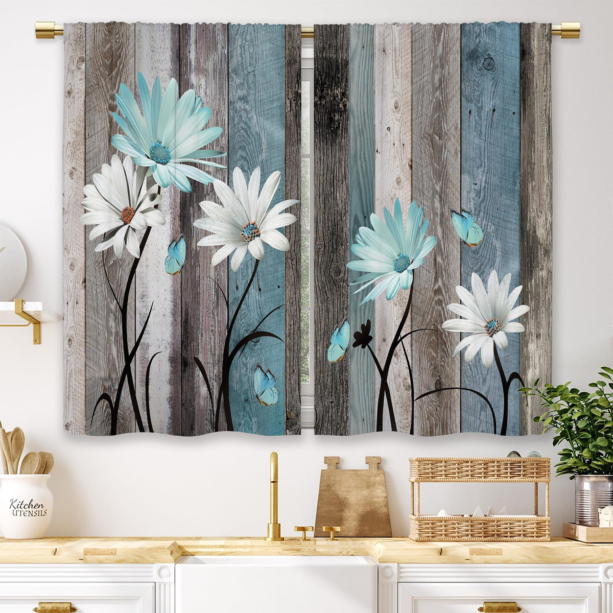 Teal Farmhouse Daisy Kitchen Curtains Wooden Flower Small Short Cafe Window Curtains Rustic Floral Butterfly Country Bathroom Drapes Treatment Tier Curtains 2 Panels (27.5x39 Inch)
