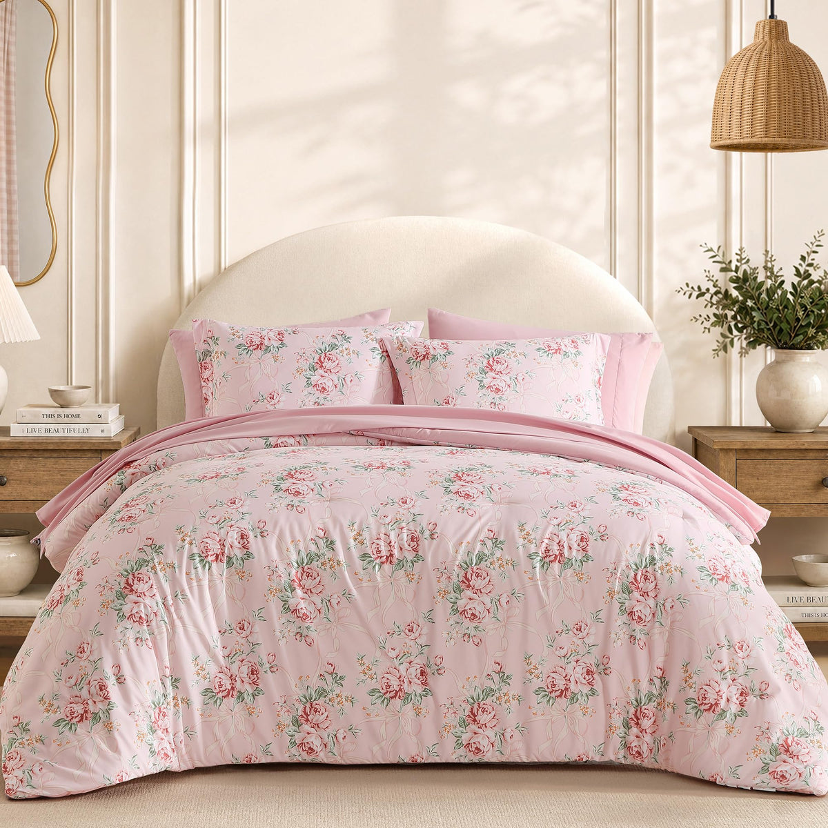 BLOOMHAVEN Queen Comforter Set-7 Pieces Blue Floral Bed in a Bag Queen