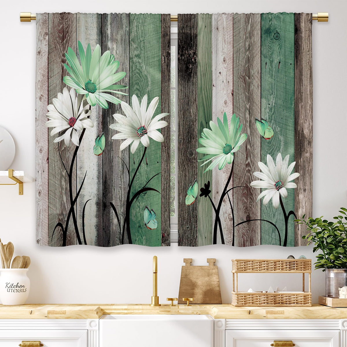 Teal Farmhouse Daisy Kitchen Curtains Wooden Flower Small Short Cafe Window Curtains Rustic Floral Butterfly Country Bathroom Drapes Treatment Tier Curtains 2 Panels (27.5x39 Inch)