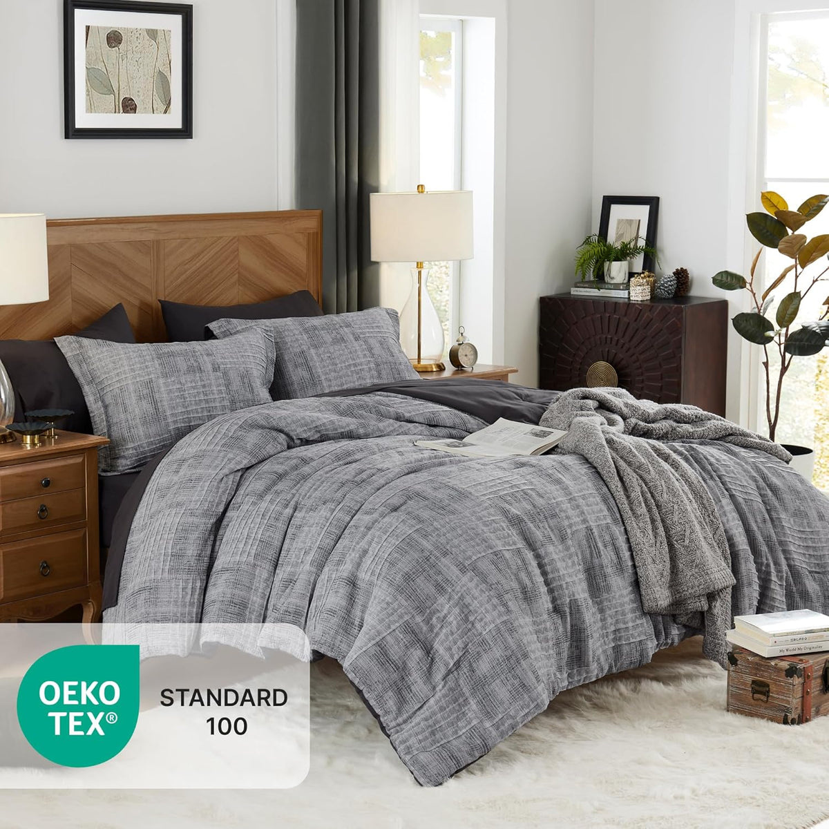 MaiRêve Queen Comforter Set Crinkle Textured Charcoal Grey Bedding 7 Pieces