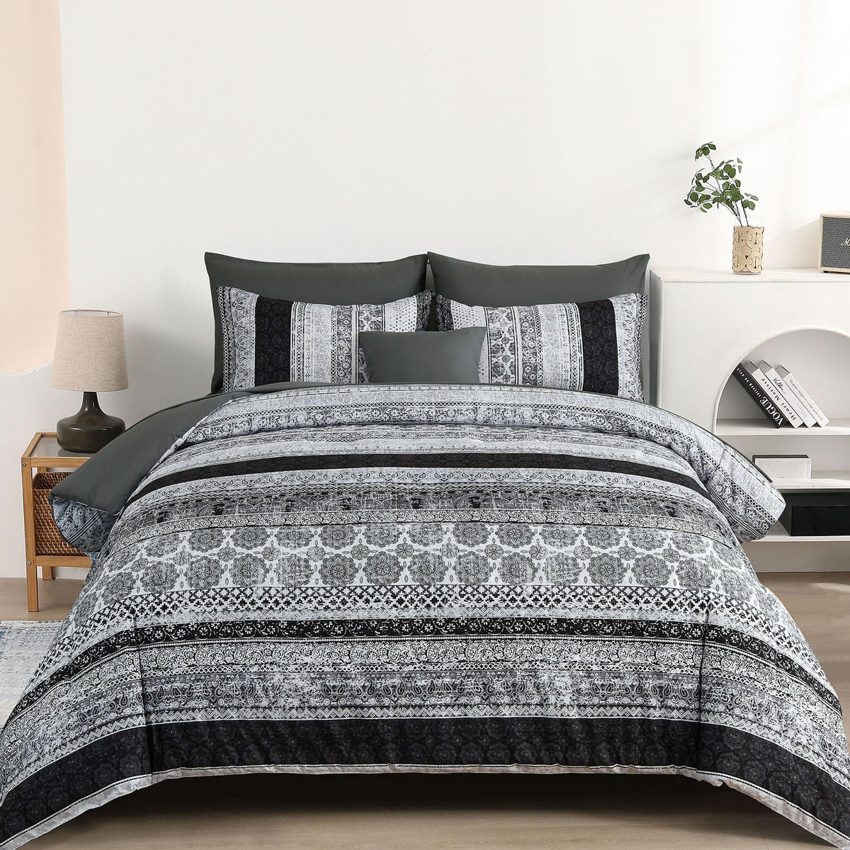 Cottolester Boho Comforter Set Queen Size 8 Piece Bed in a Bag Bohemian Striped Bedding Quilt Set Aqua Paisley Floral Comforter and Sheet Set,Soft Microfiber Complete Bedding Sets for All Season