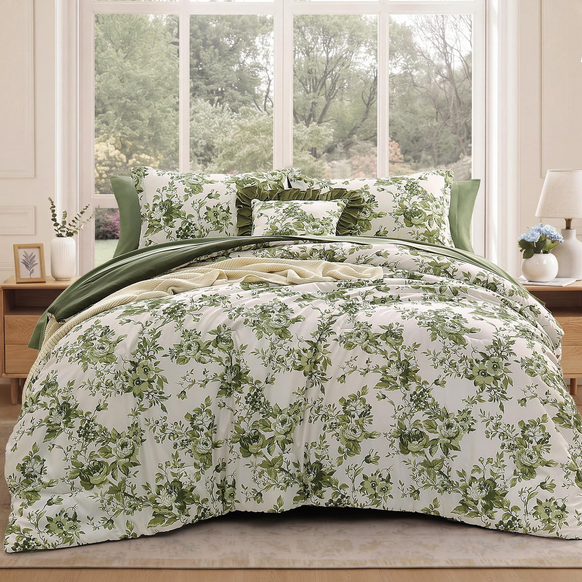 BLOOMHAVEN Queen Comforter Set-7 Pieces Blue Floral Bed in a Bag Queen