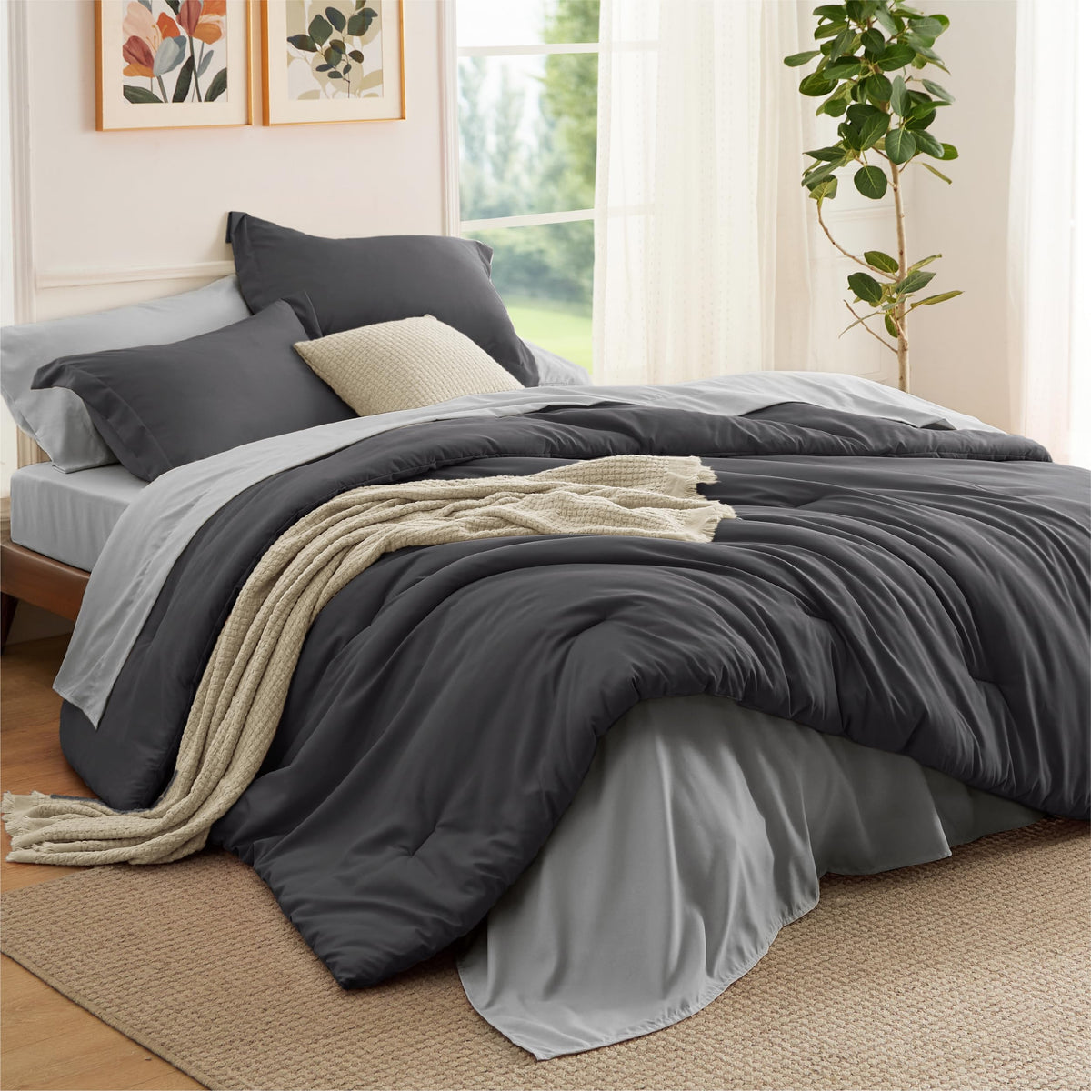 Bedsure Blue Bedding Set Queen Bed in a Bag Contrasting Bed 7 Pieces
