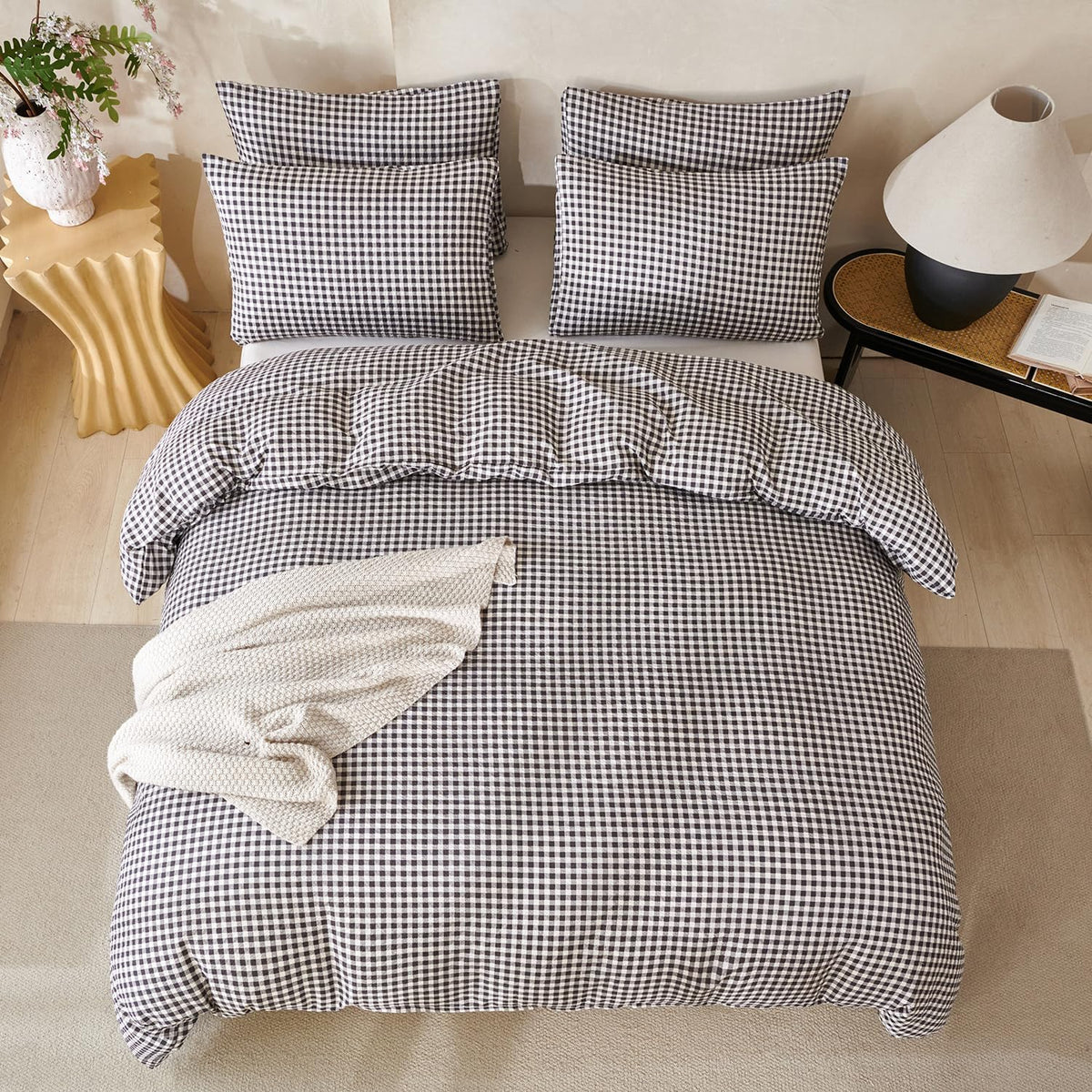 Comforter Queen Set Grid Black 100% Soft Washed Microfiber Jacquard 3 Pieces Grid Bedding Sets Grey White Comforter Queen for All Seasons and 2 Pillowcases Comfort Breathable