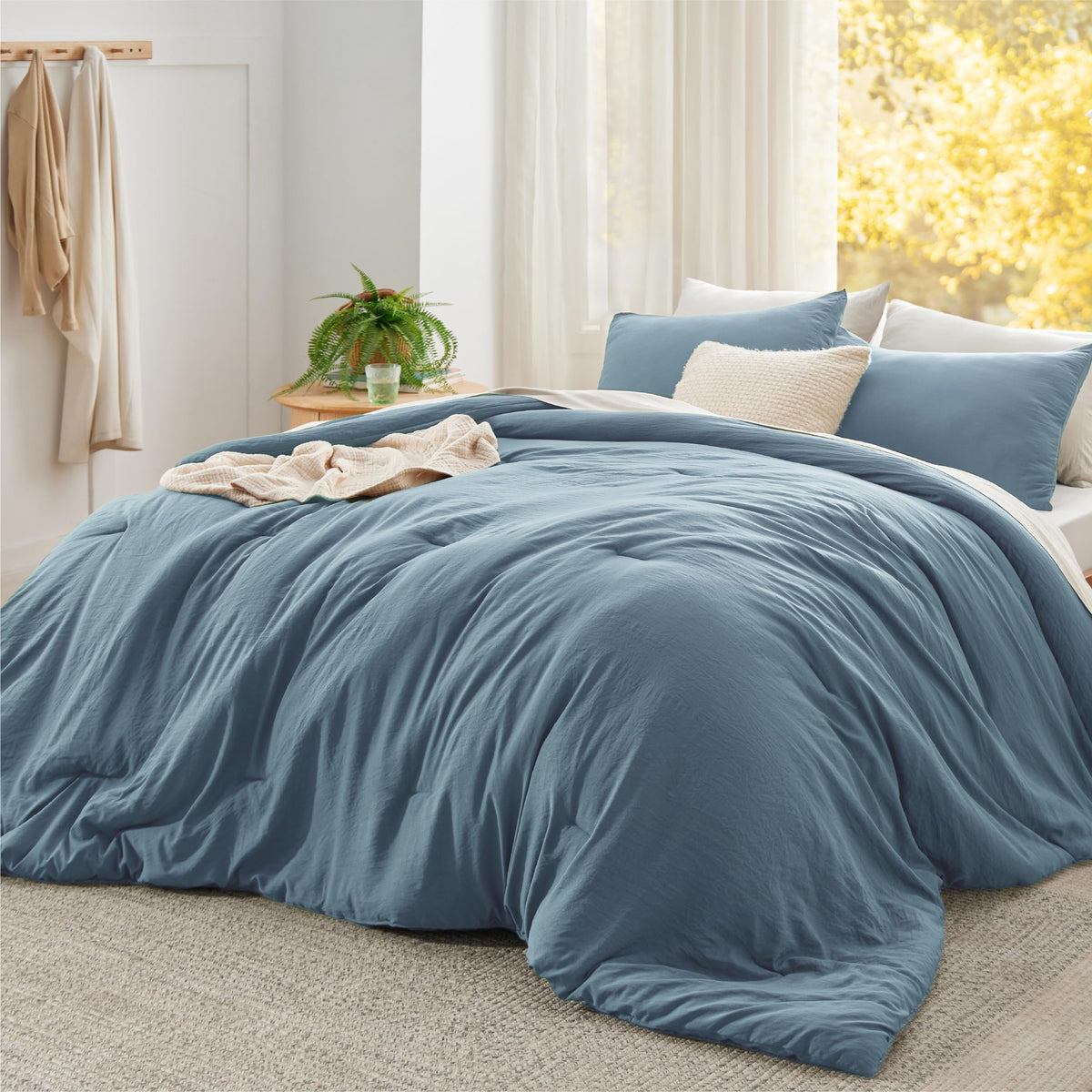 Bedsure Queen Comforter Set Prewashed Soft Bedding Set 3Pcs Beige 90"x90"
