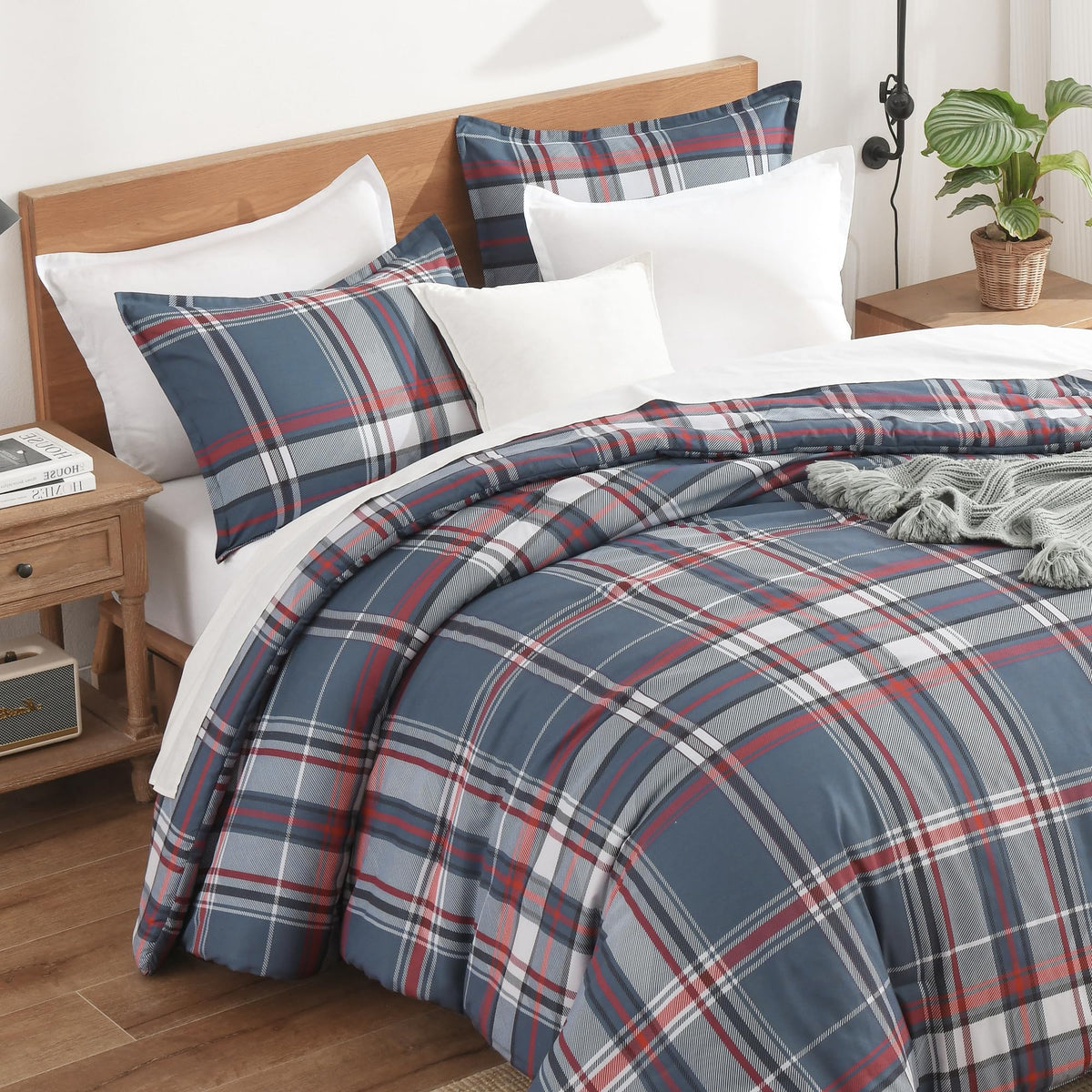 Andency Tan Gingham Comforter Set Twin, Brown Checkered Grid Plaid Bedding