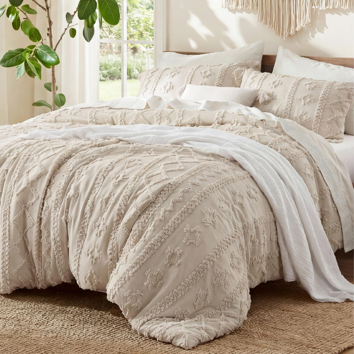 Bedsure Tufted Boho Comforter Set King, Bedroom Decor Bedding Set Beige