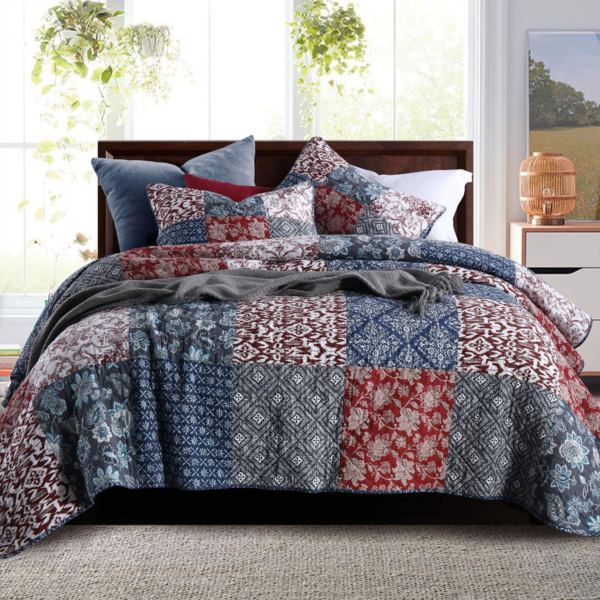 Secgo Queen Comforter Set for Bed - 100% Cotton Quilts Queen Size, Green, Sage Bedspreads (90 * 98 Inch) with 2 Pillow Shams, Patchwork Reversible Lightweight Bedding