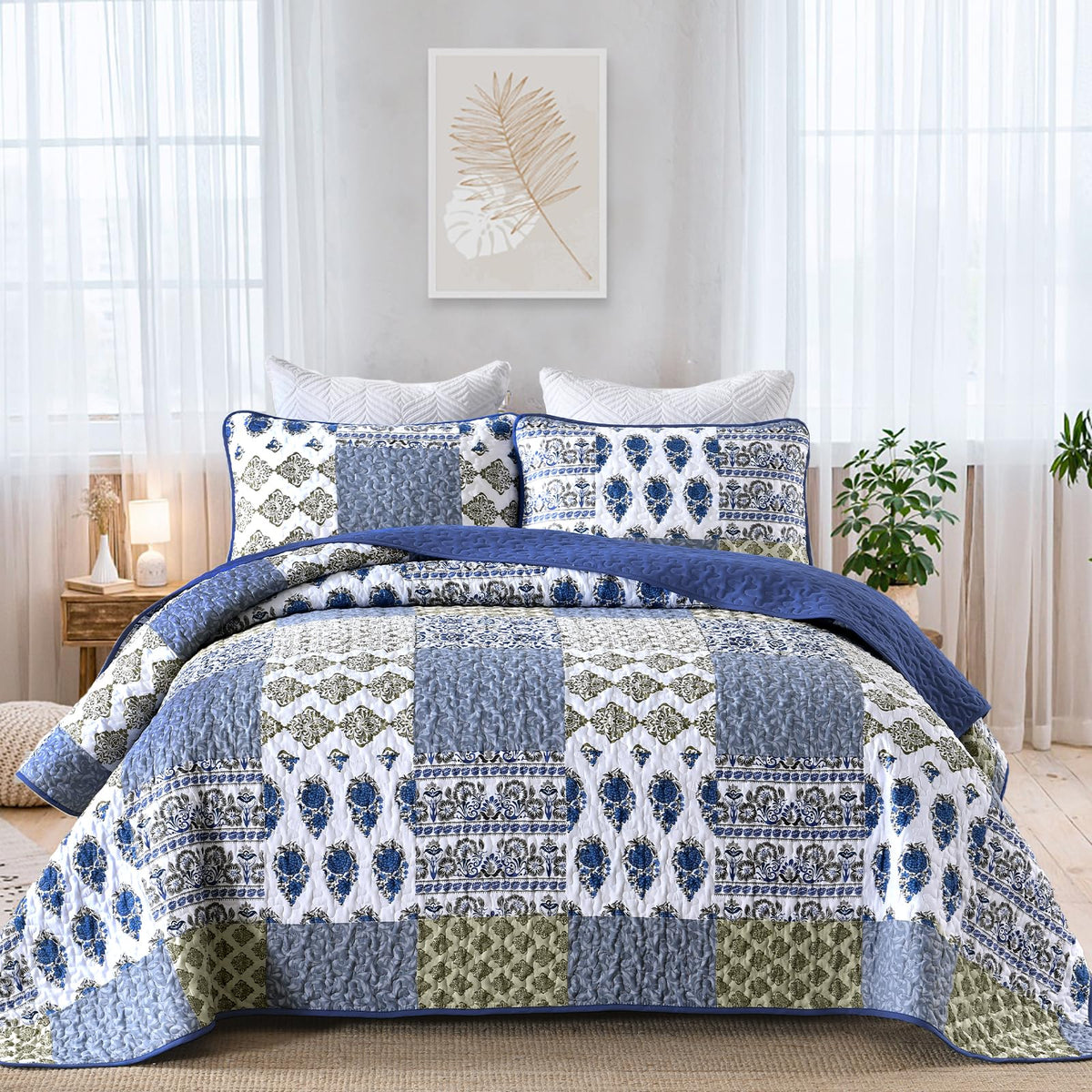 Mybedsoul Boho Quilts Queen Size, Patchwork Floral Bedding Set, Blue
