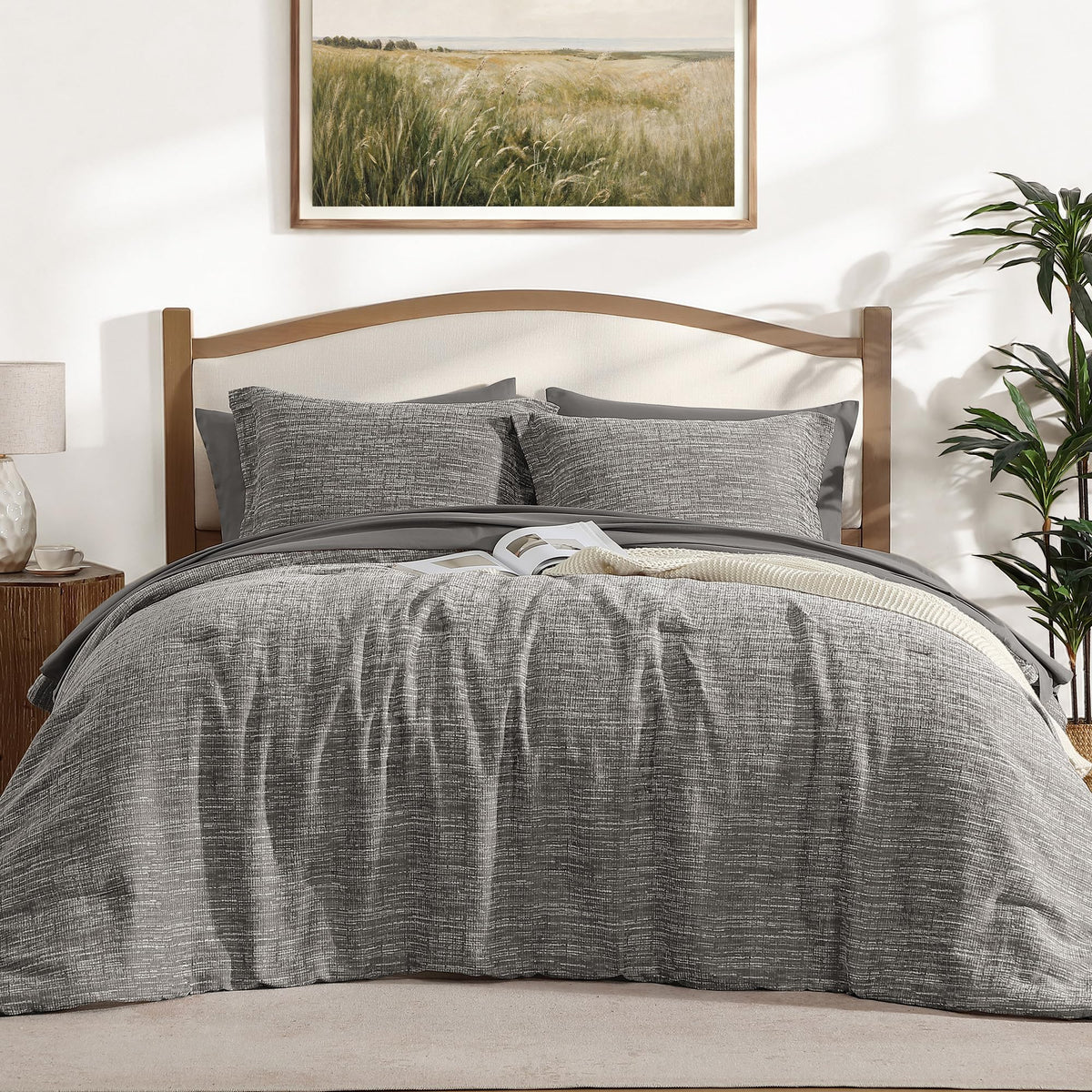 MaiRêve Queen Comforter Set Crinkle Textured Charcoal Grey Bedding 7 Pieces