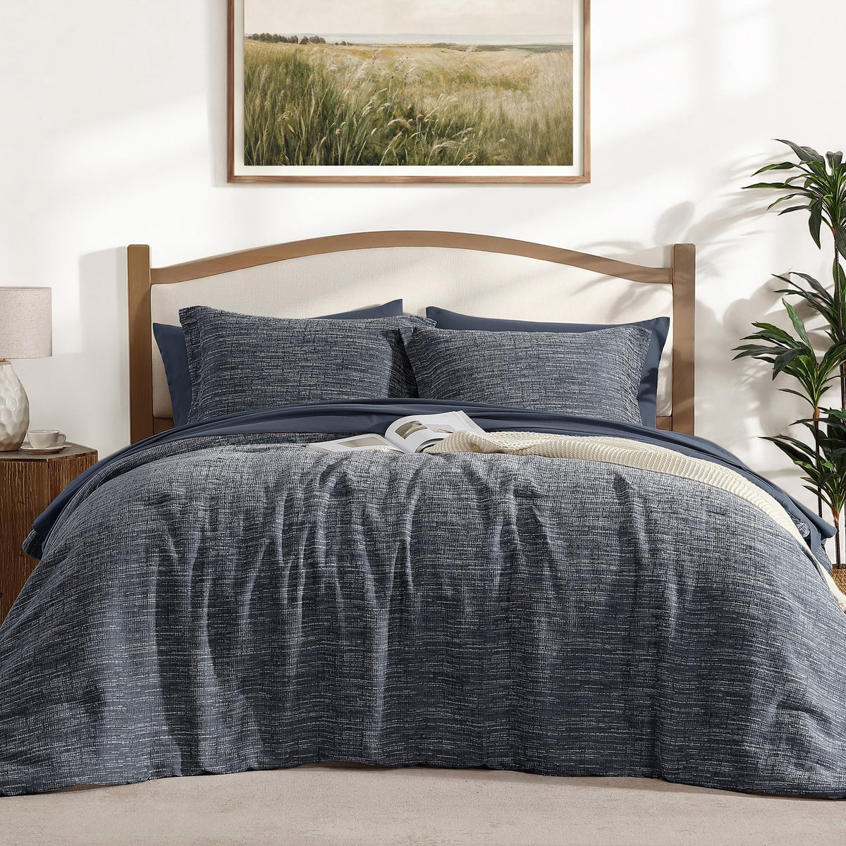 MaiRêve Queen Comforter Set Crinkle Textured Charcoal Grey Bedding 7 Pieces