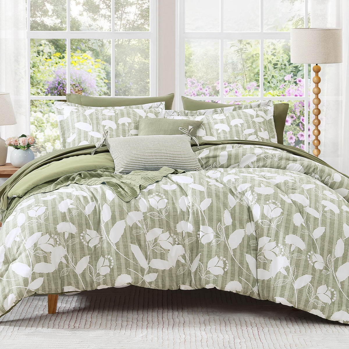 BLOOMHAVEN Queen Comforter Set-7 Pieces Blue Floral Bed in a Bag Queen