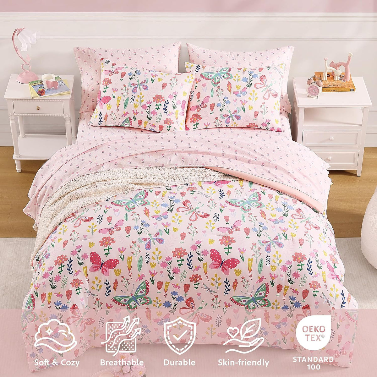 Twin Comforter Set for Girls - 5 Pieces Floral Pink Girls Twin Bedding Set