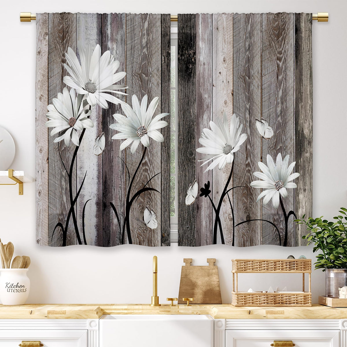 Teal Farmhouse Daisy Kitchen Curtains Wooden Flower Small Short Cafe Window Curtains Rustic Floral Butterfly Country Bathroom Drapes Treatment Tier Curtains 2 Panels (27.5x39 Inch)