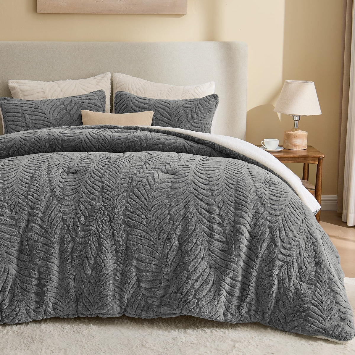 BEDELITE Fluffy Sherpa Queen Comforter Set,Grey