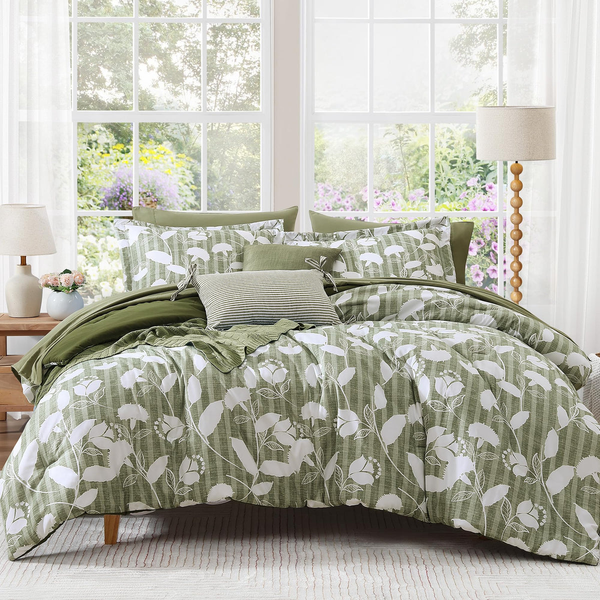 BLOOMHAVEN Queen Comforter Set-7 Pieces Blue Floral Bed in a Bag Queen