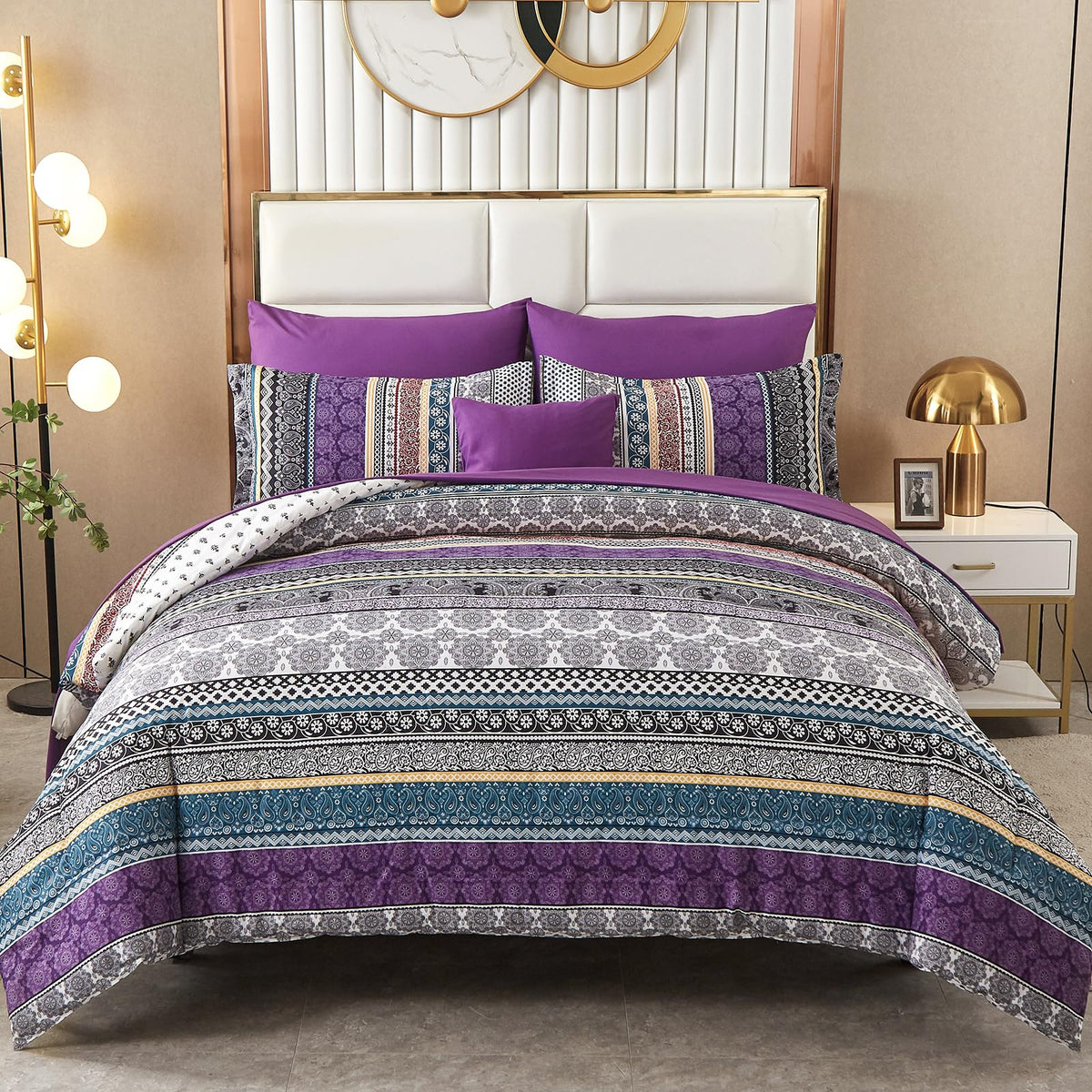 Cottolester Boho Comforter Set Queen Size 8 Piece Bed in a Bag Bohemian Striped Bedding Quilt Set Aqua Paisley Floral Comforter and Sheet Set,Soft Microfiber Complete Bedding Sets for All Season