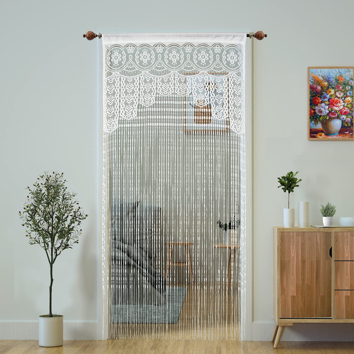 Macrame Lace Door String Curtain for Doorway, Black, 35"W x 79"L, 1 Panel