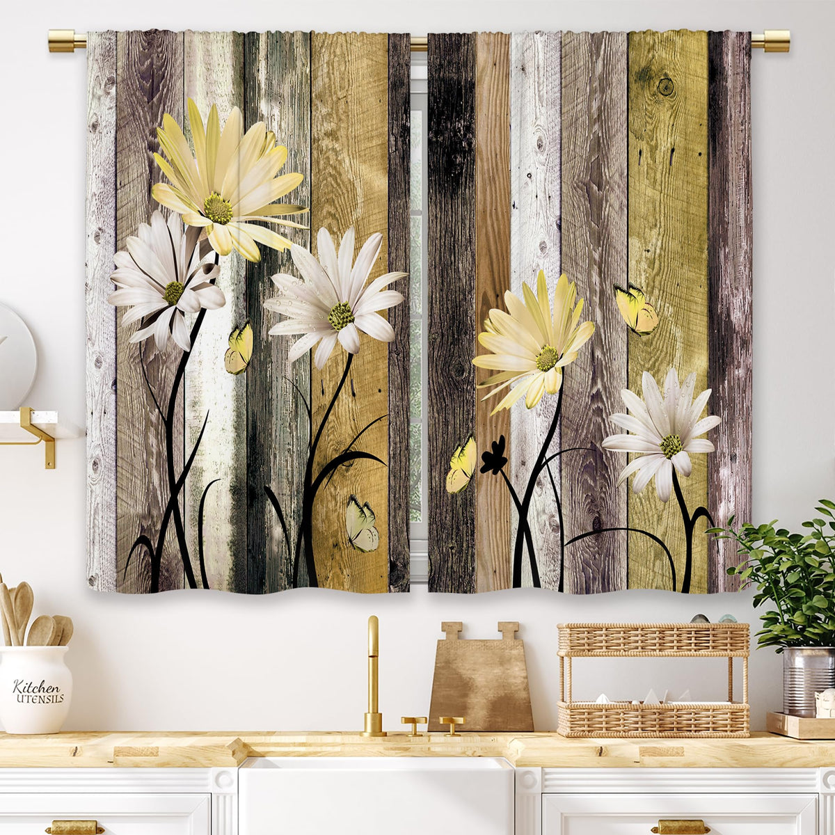 Teal Farmhouse Daisy Kitchen Curtains Wooden Flower Small Short Cafe Window Curtains Rustic Floral Butterfly Country Bathroom Drapes Treatment Tier Curtains 2 Panels (27.5x39 Inch)