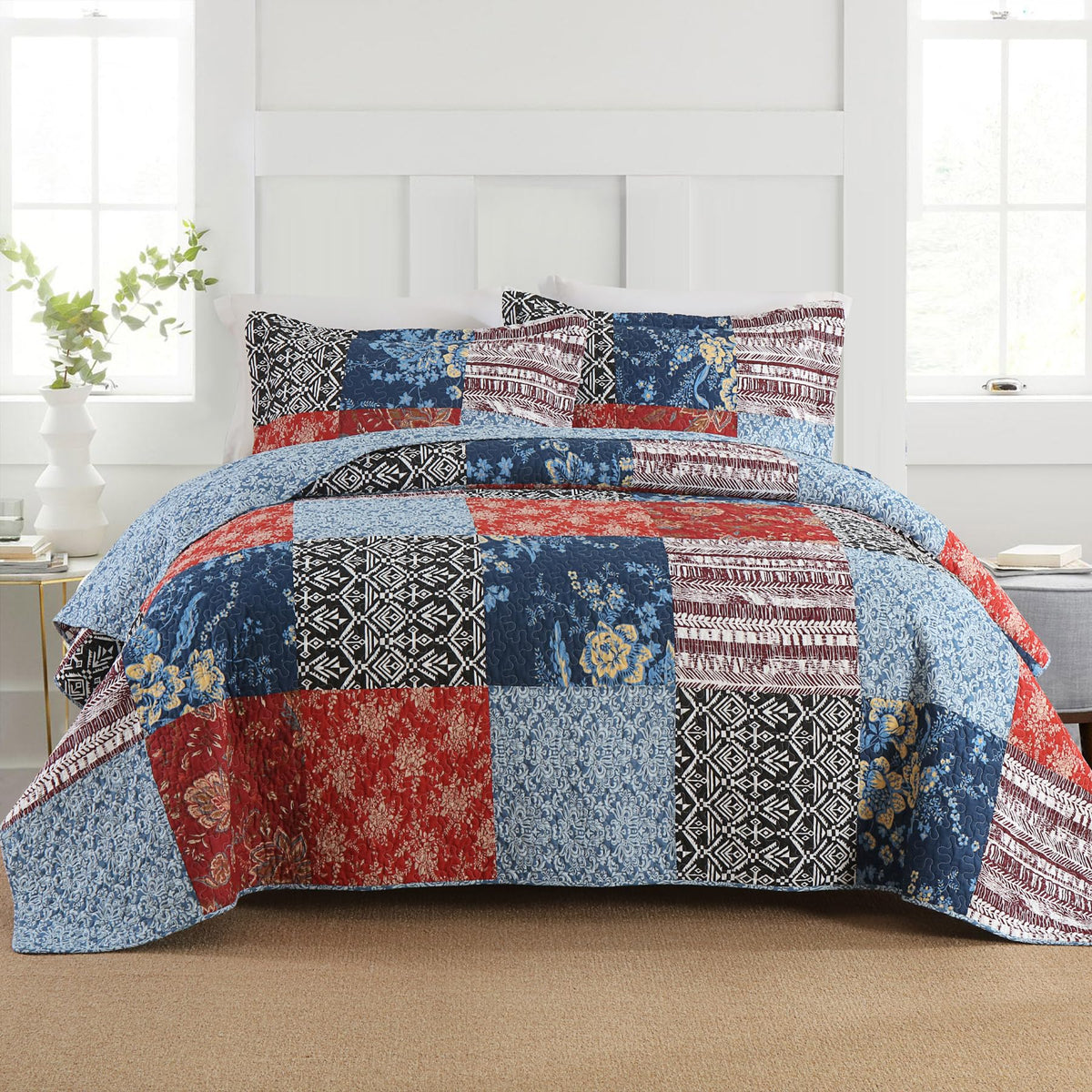 Secgo Queen Comforter Set for Bed - 100% Cotton Quilts Queen Size, Green, Sage Bedspreads (90 * 98 Inch) with 2 Pillow Shams, Patchwork Reversible Lightweight Bedding