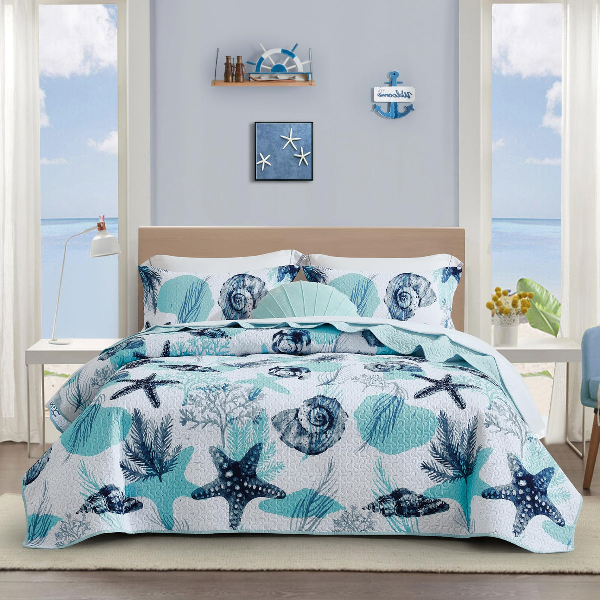 Tritard 3 Piece Coastal Quilt Sets Full/Queen Size Bedding Set, Blue