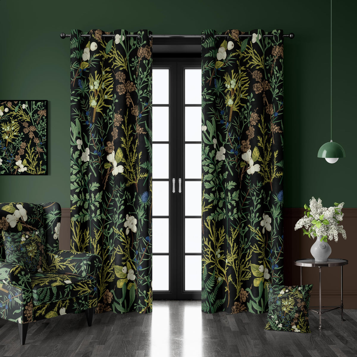 Botanical Green Plant Blackout Curtains 2 Panels 52Wx84L Inch