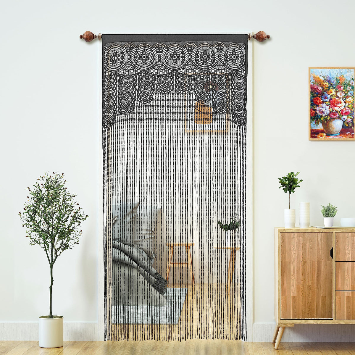 Macrame Lace Door String Curtain for Doorway, Black, 35"W x 79"L, 1 Panel